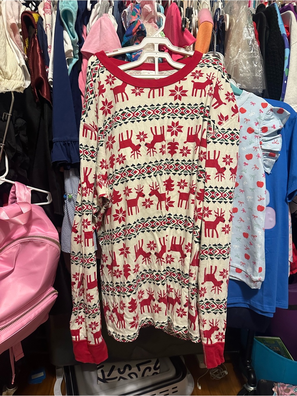 Adult Red and Cream Reindeer Print Long-Sleeve Dress